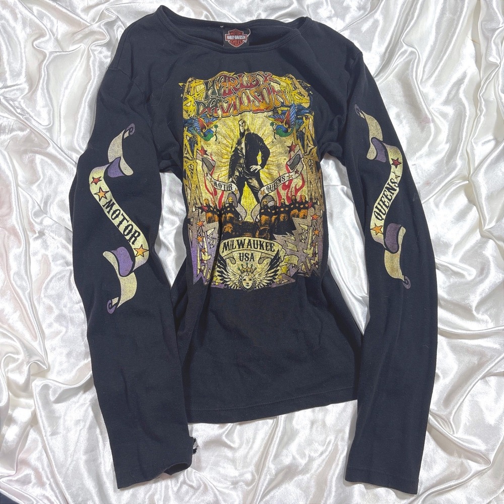 y2k Harley Davidson Top Black Fair Motor Queens Graphic Long Sleeve Vintage